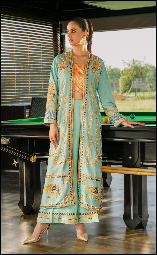 Pakistani Seafoam Embroidered Raw Silk Long Jacket Set (3-Piece) - Image 1