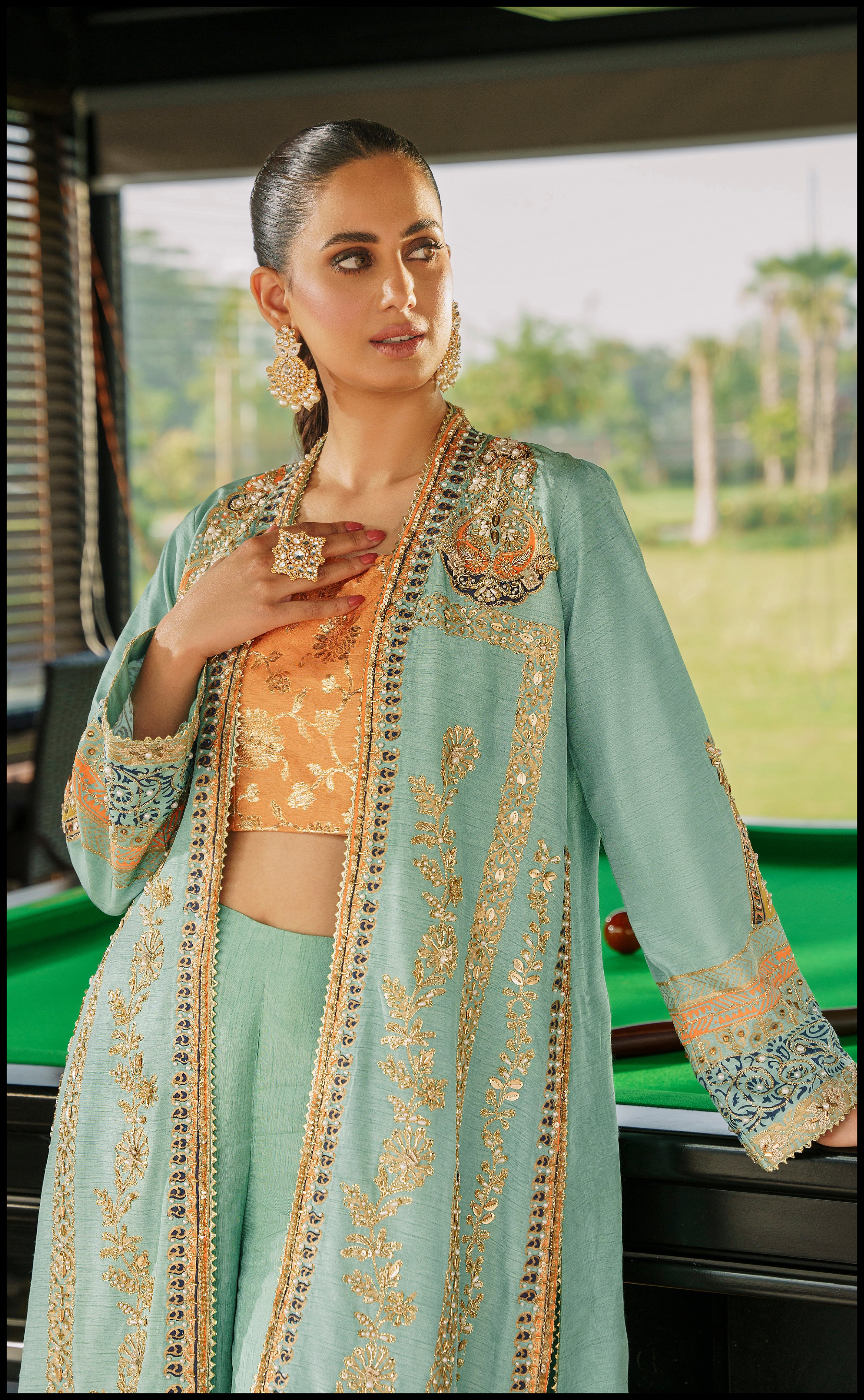 Pakistani Seafoam Embroidered Raw Silk Long Jacket Set (3-Piece) - Image 3