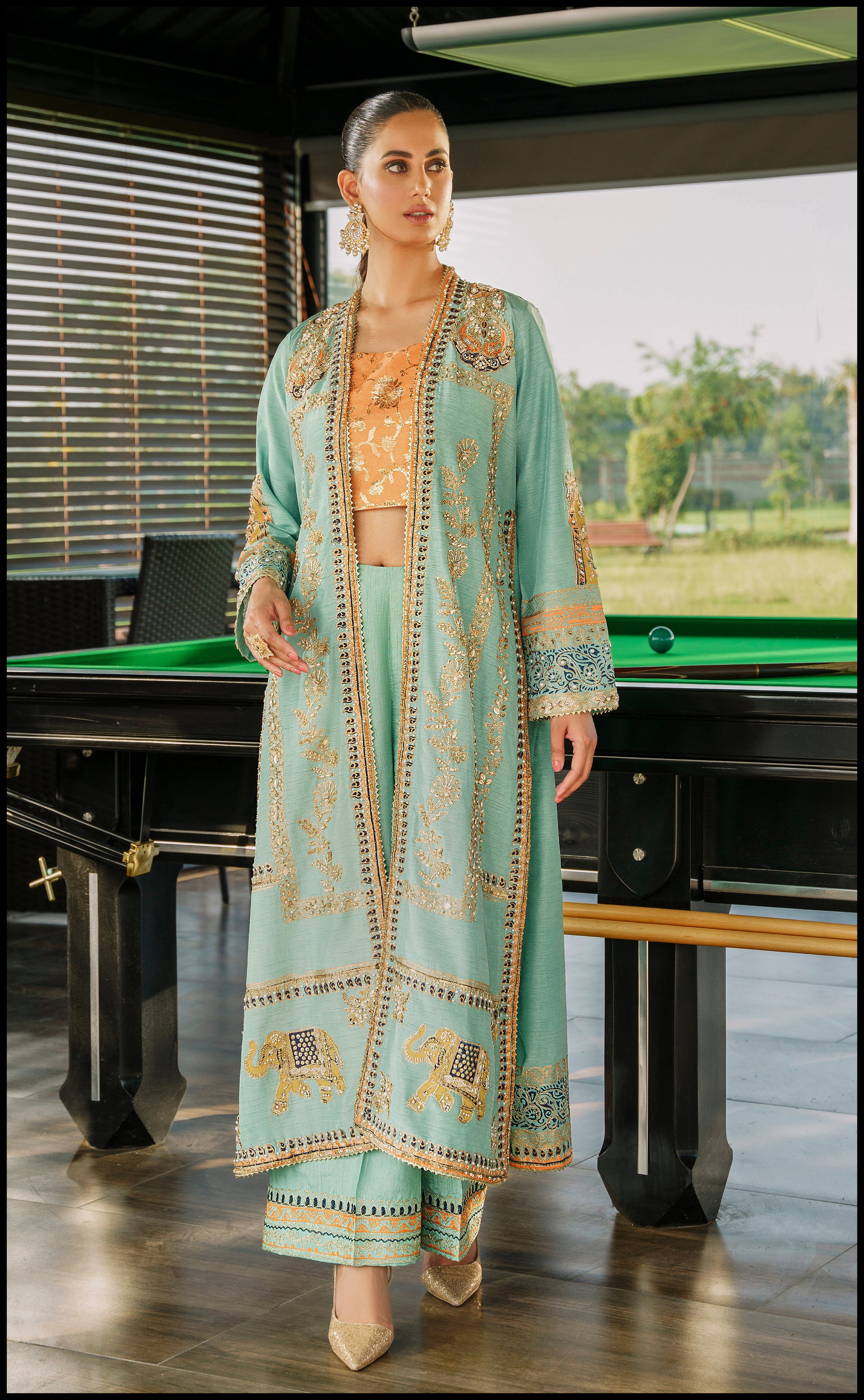 Pakistani Seafoam Embroidered Raw Silk Long Jacket Set (3-Piece) - Image 4