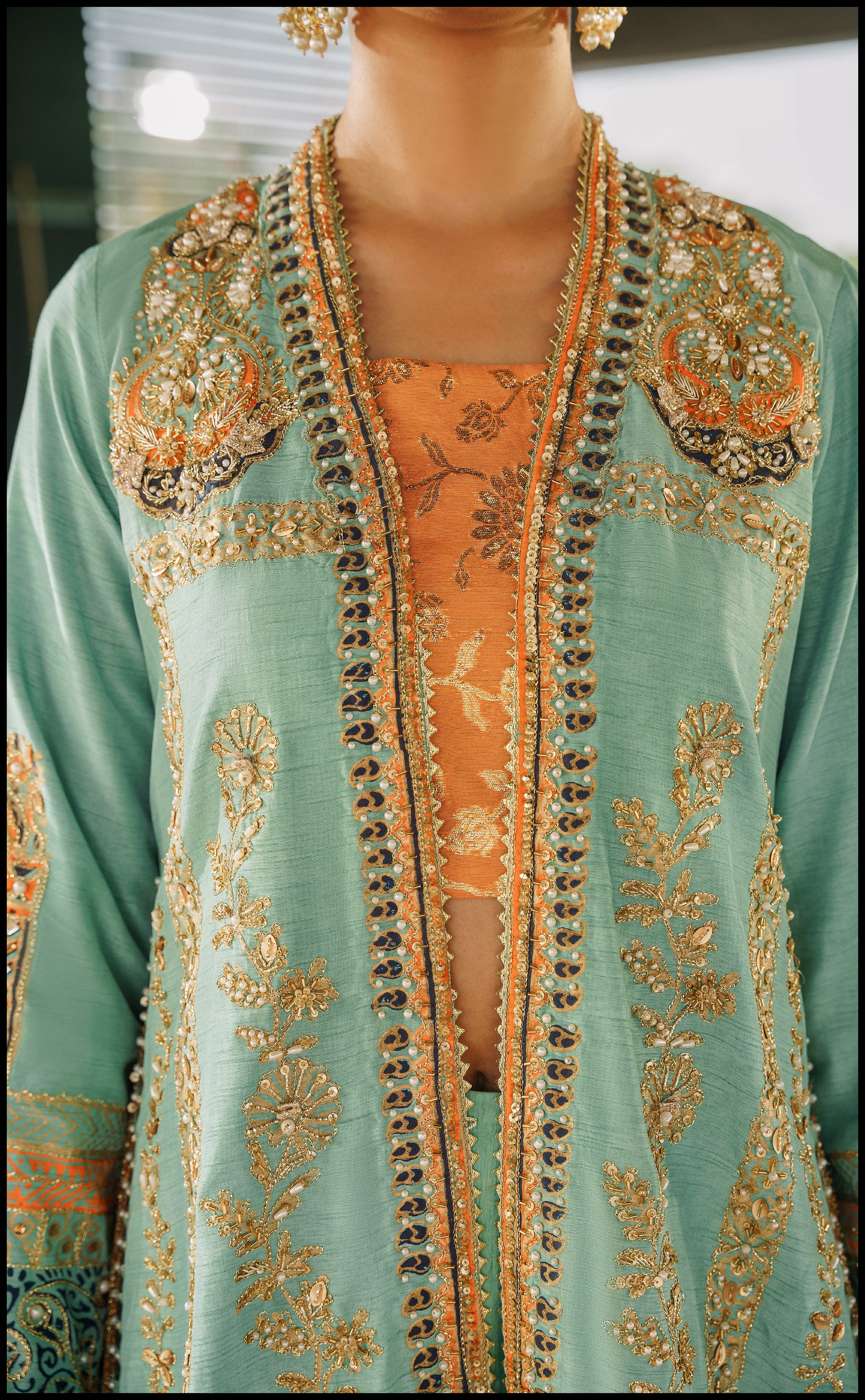 Pakistani Seafoam Embroidered Raw Silk Long Jacket Set (3-Piece) - Image 5