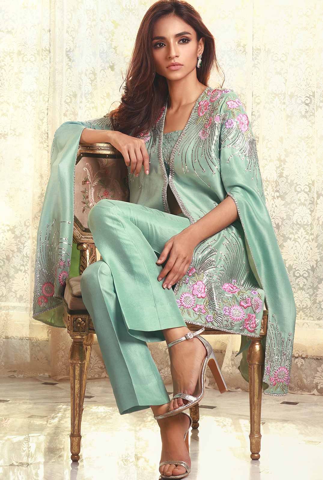 Mint Embroidered Raw Silk Jacket Set (2-Piece) - Image 3