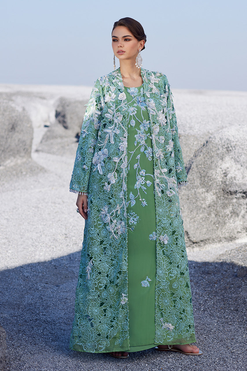 Pakistani Green Cutwork Silk & Organza Jacket Set (3-Piece) - Image 1