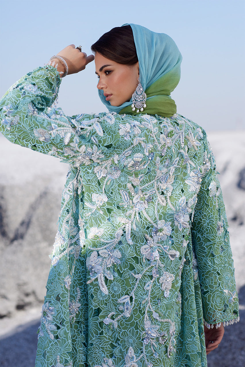 Pakistani Green Cutwork Silk & Organza Jacket Set (3-Piece) - Image 3