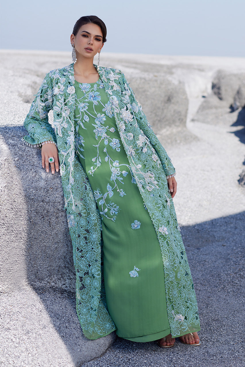 Pakistani Green Cutwork Silk & Organza Jacket Set (3-Piece) - Image 4