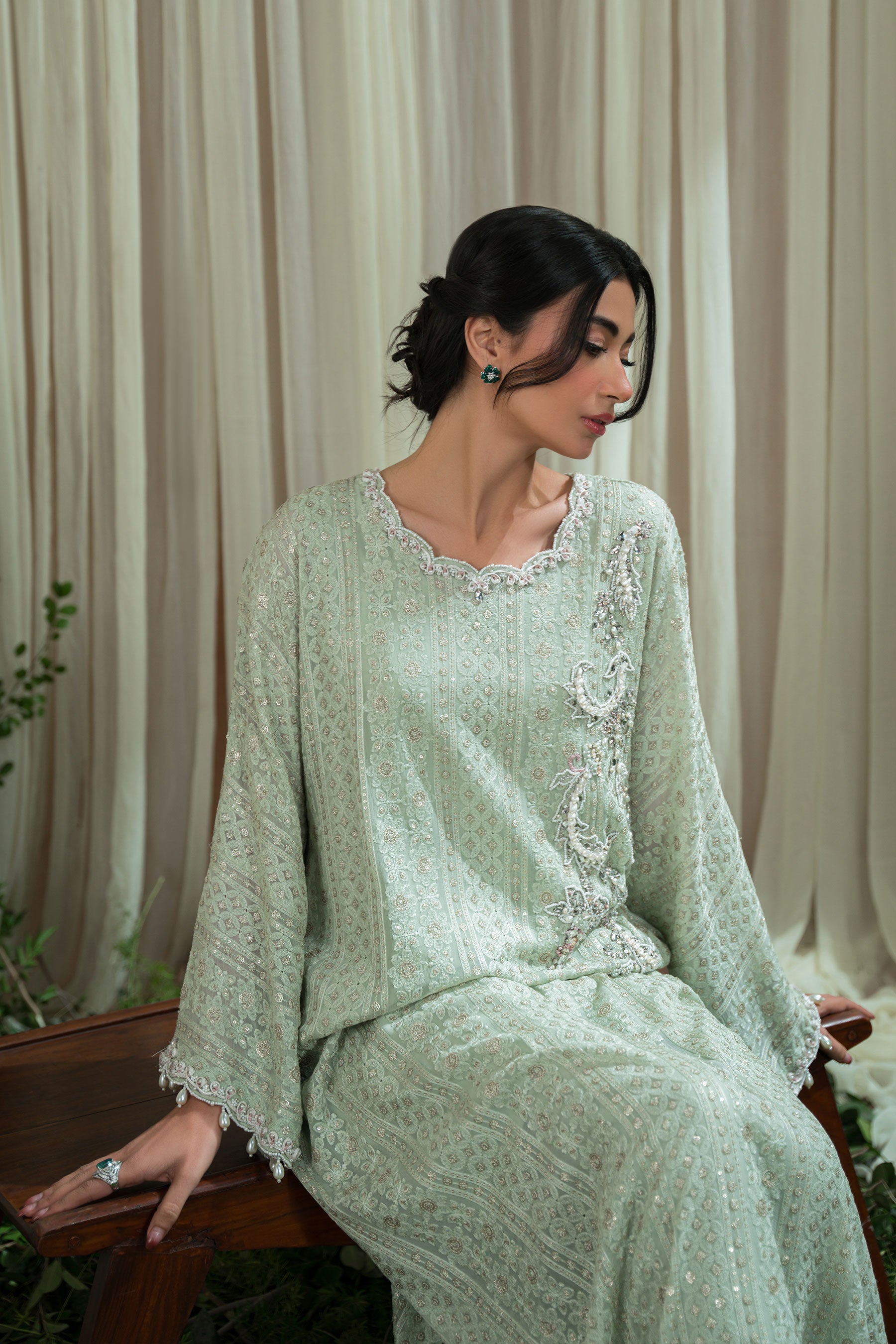 Pakistani Mint Chikankari Blended Silk Kaftan Set (3-Piece) - Image 3