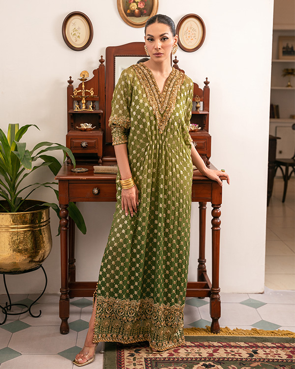 Olive Green Zardozi Pure Chiffon Kaftan (1-Pc) - Image 1