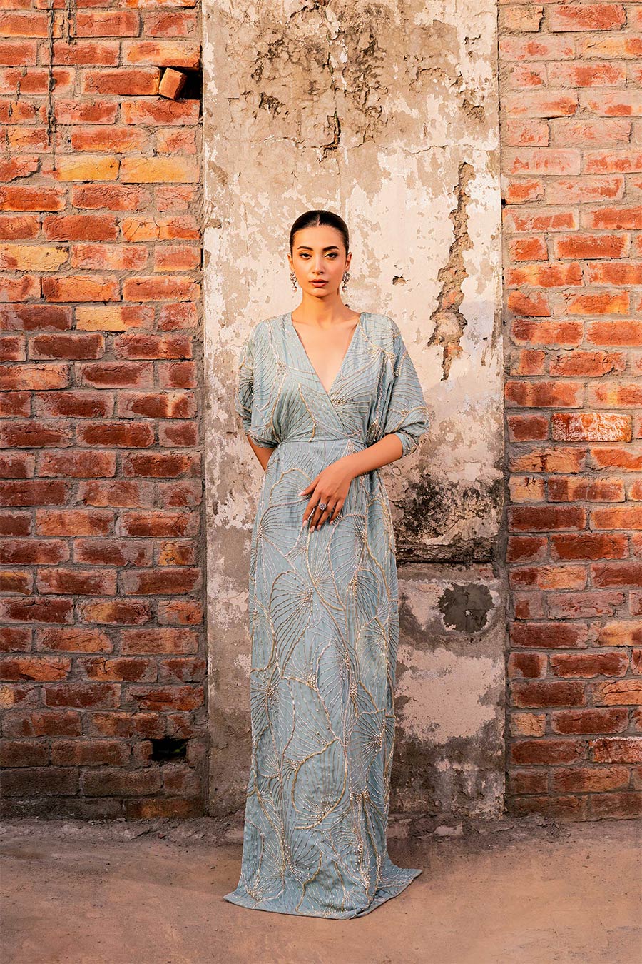 Seafoam Zardozi Georgette Chiffon Kaftan (1-Pc) - Image 1