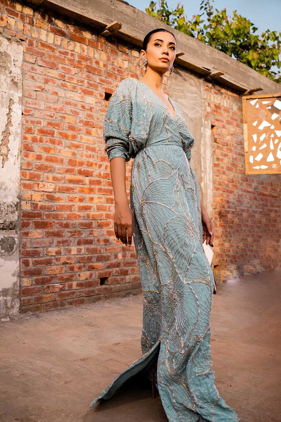 Seafoam Zardozi Georgette Chiffon Kaftan (1-Pc) - Image 3