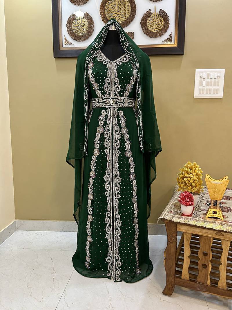 Emerald Green Zari Georgette Kaftan (1-Pc) - Image 1