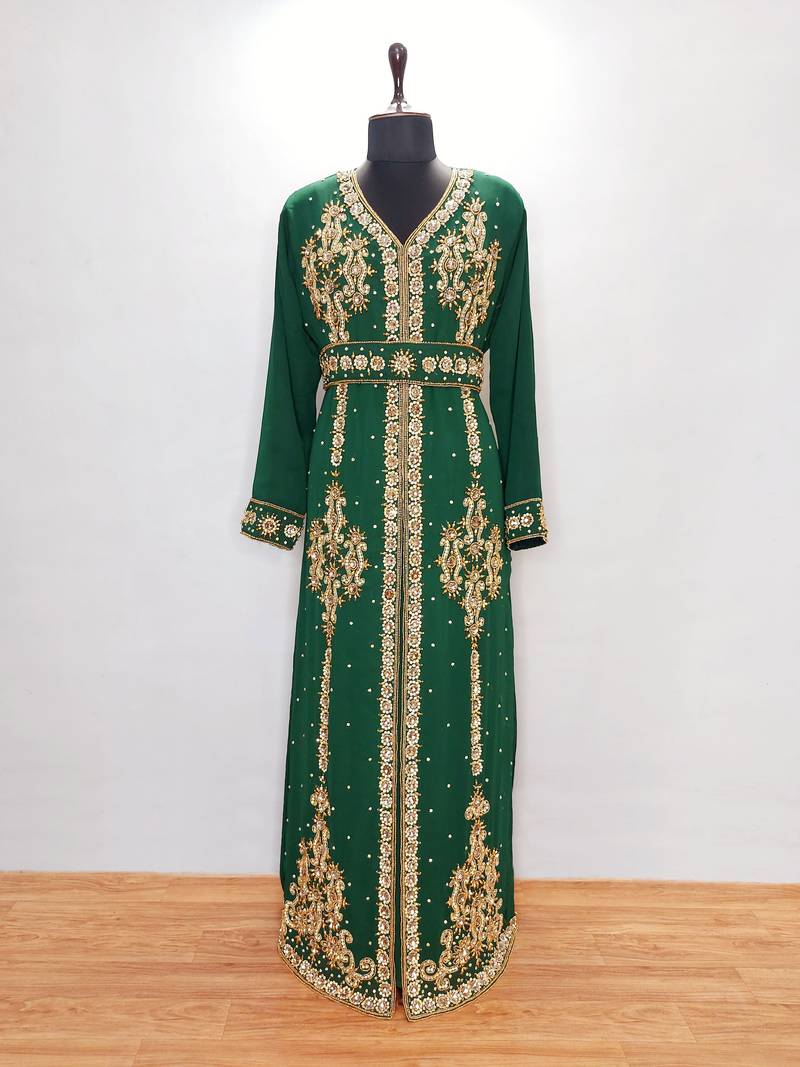 Dark Green Embroidered Georgette Moroccan Kaftan (2-Piece) - Image 1