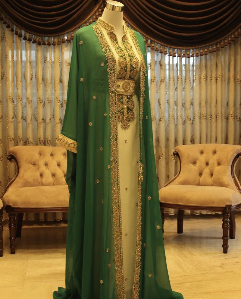 Pakistani Green Zari Embroidered Georgette Kaftan (2-Piece) - Image 1