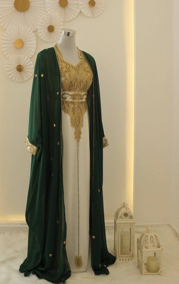 Green Zari Embroidered Georgette Kaftan (1-Pc) - Image 1