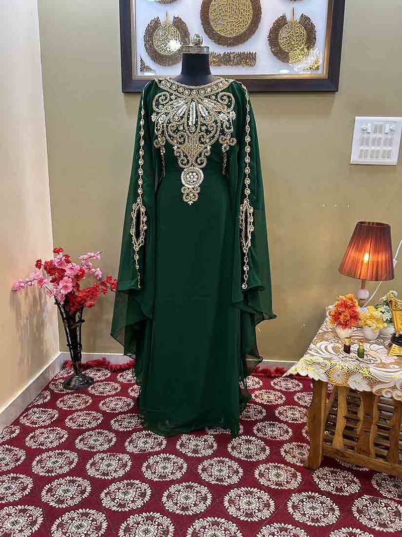 Emerald Green Zari Beaded Georgette Kaftan (1-Pc) - Image 1