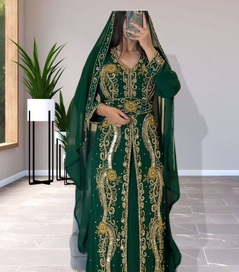 Emerald Green Zari Embroidered Georgette Kaftan (3-Piece) - Image 1