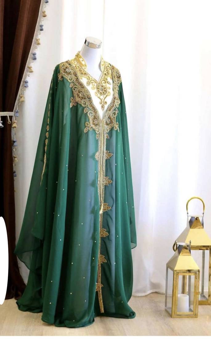 Green Zari Embroidered Georgette Kaftan (1-Pc) - Image 1