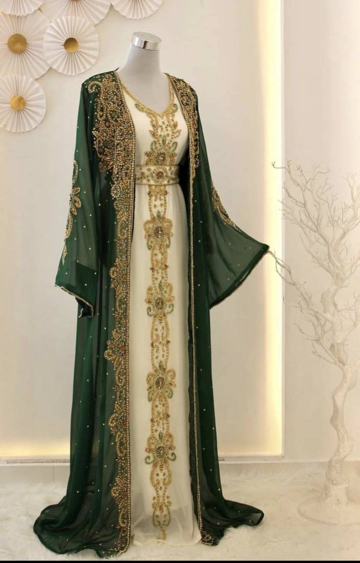 Pakistani Green Zari Embroidered Georgette Kaftan (1-Pc) - Image 1