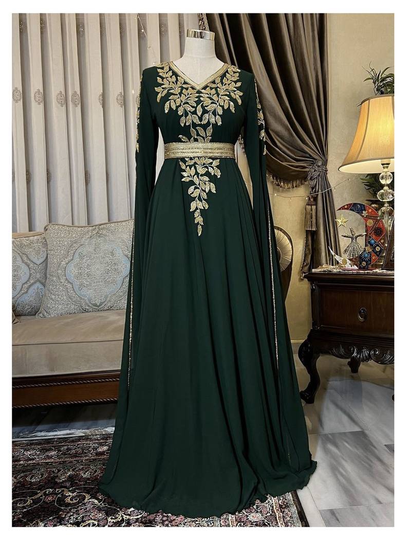 Emerald Green Zari & Stone Georgette Kaftan (1-Pc) - Image 1