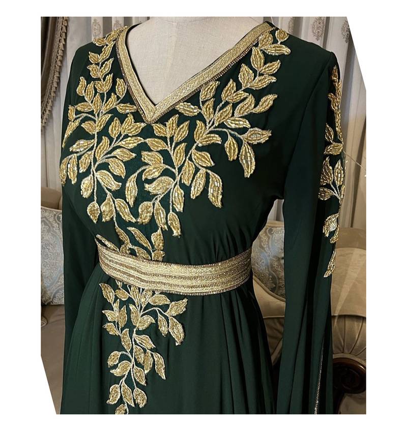 Emerald Green Zari & Stone Georgette Kaftan (1-Pc) - Image 2