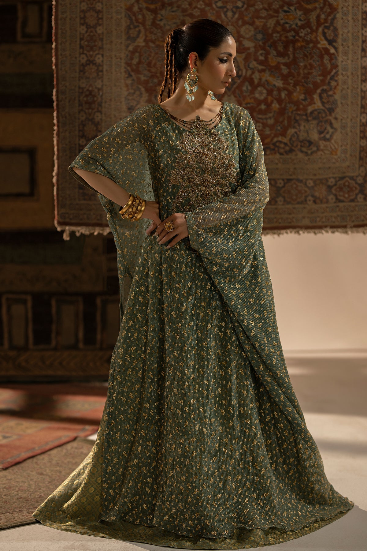 Muted Green Embellished Shimmer Kaftan Dress (2-Piece) - Image 1