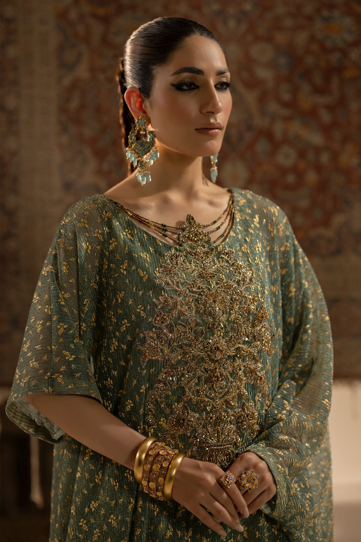 Muted Green Embellished Shimmer Kaftan Dress (2-Piece) - Image 3
