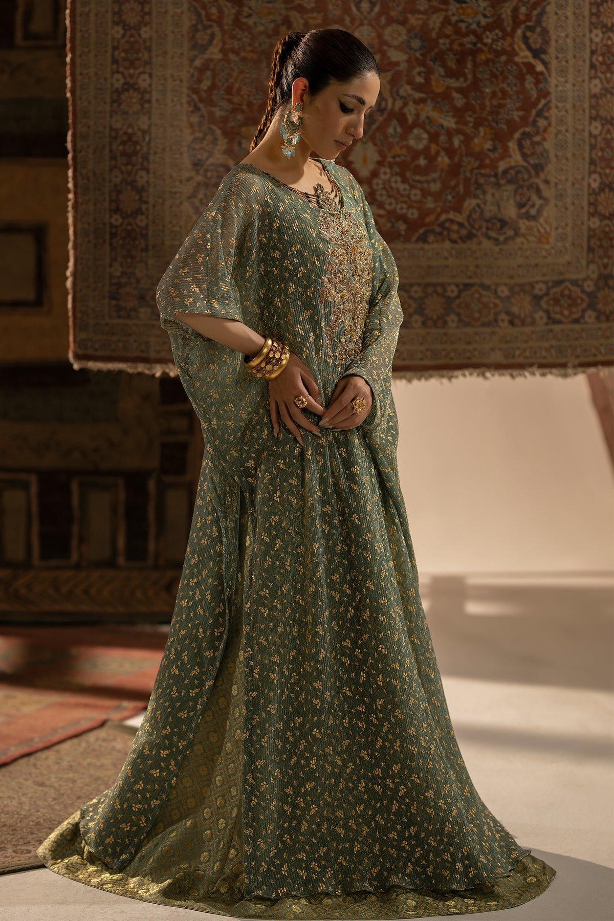 Muted Green Embellished Shimmer Kaftan Dress (2-Piece) - Image 4