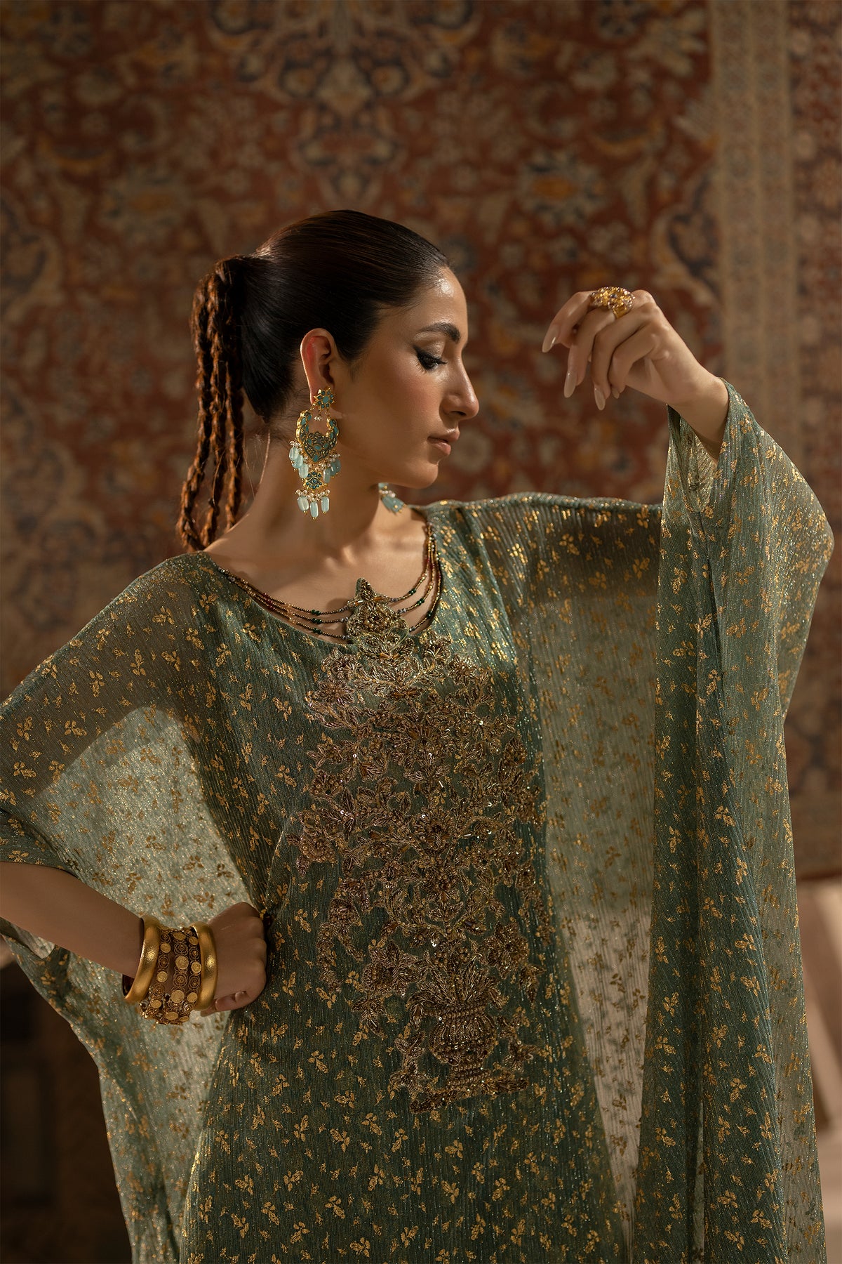 Muted Green Embellished Shimmer Kaftan Dress (2-Piece) - Image 5