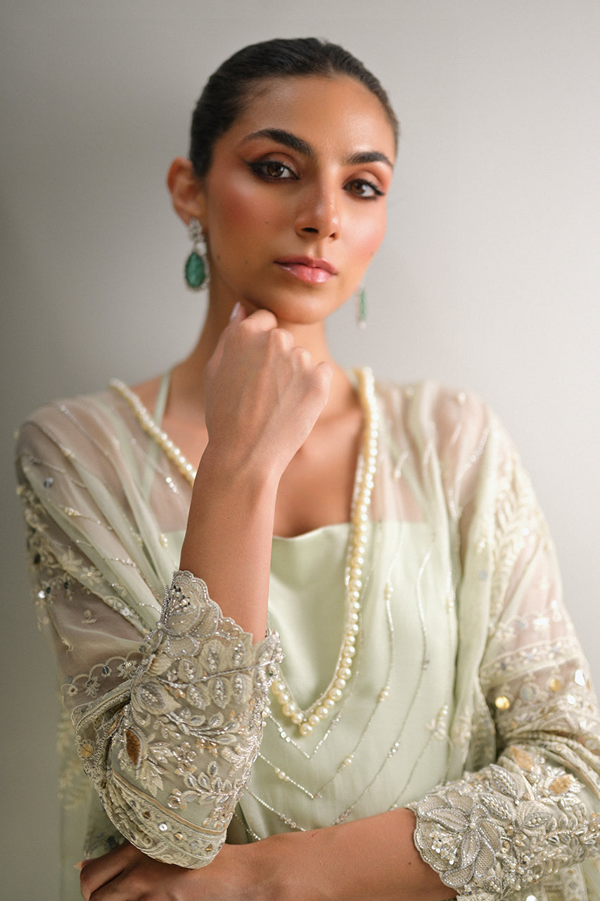 Pakistani Mint Green Embroidered Organza Kaftan (2-Piece) - Image 10