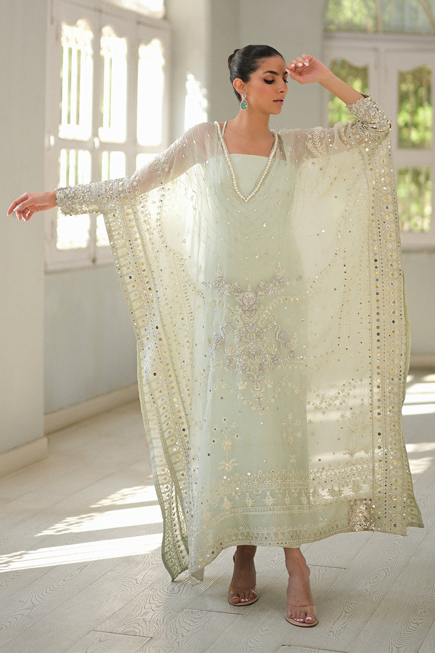 Pakistani Mint Green Embroidered Organza Kaftan (2-Piece) - Image 13