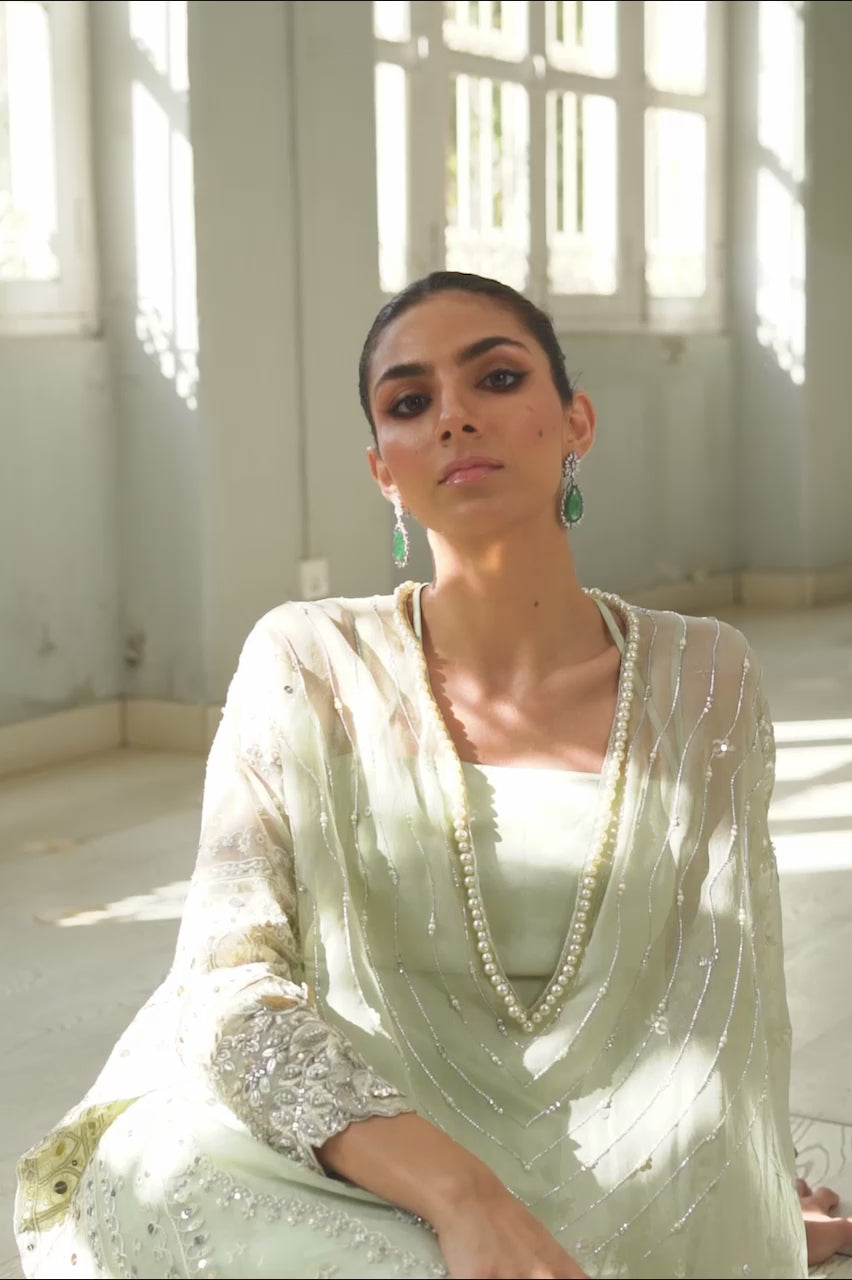Pakistani Mint Green Embroidered Organza Kaftan (2-Piece) - Image 15
