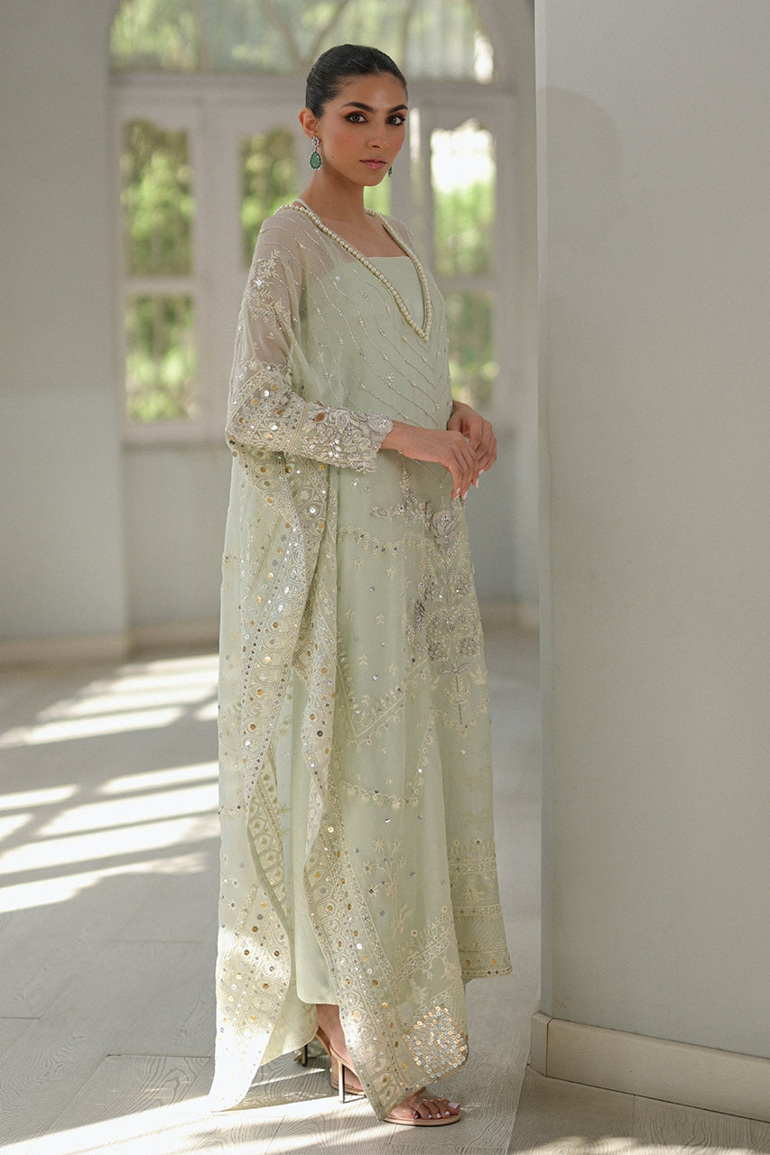 Pakistani Mint Green Embroidered Organza Kaftan (2-Piece) - Image 3