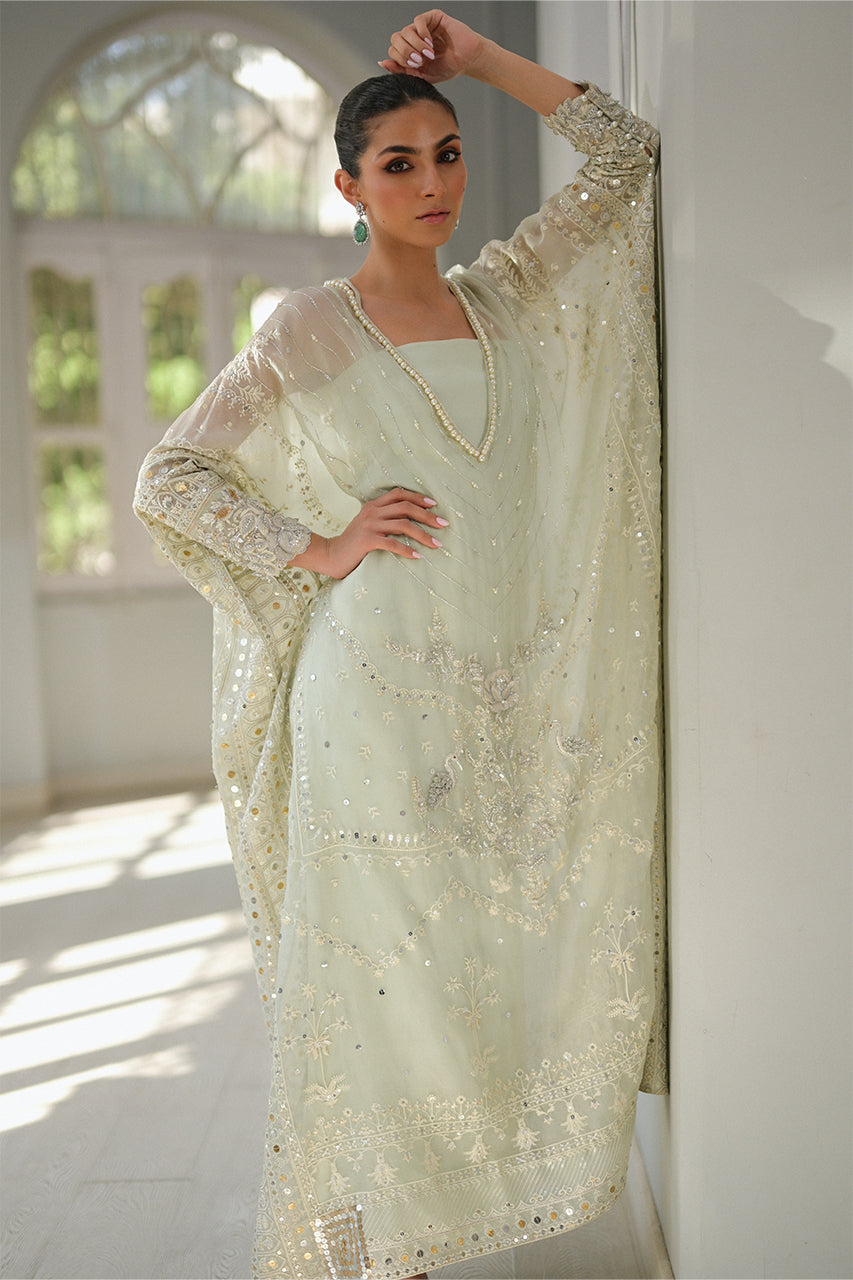 Pakistani Mint Green Embroidered Organza Kaftan (2-Piece) - Image 4