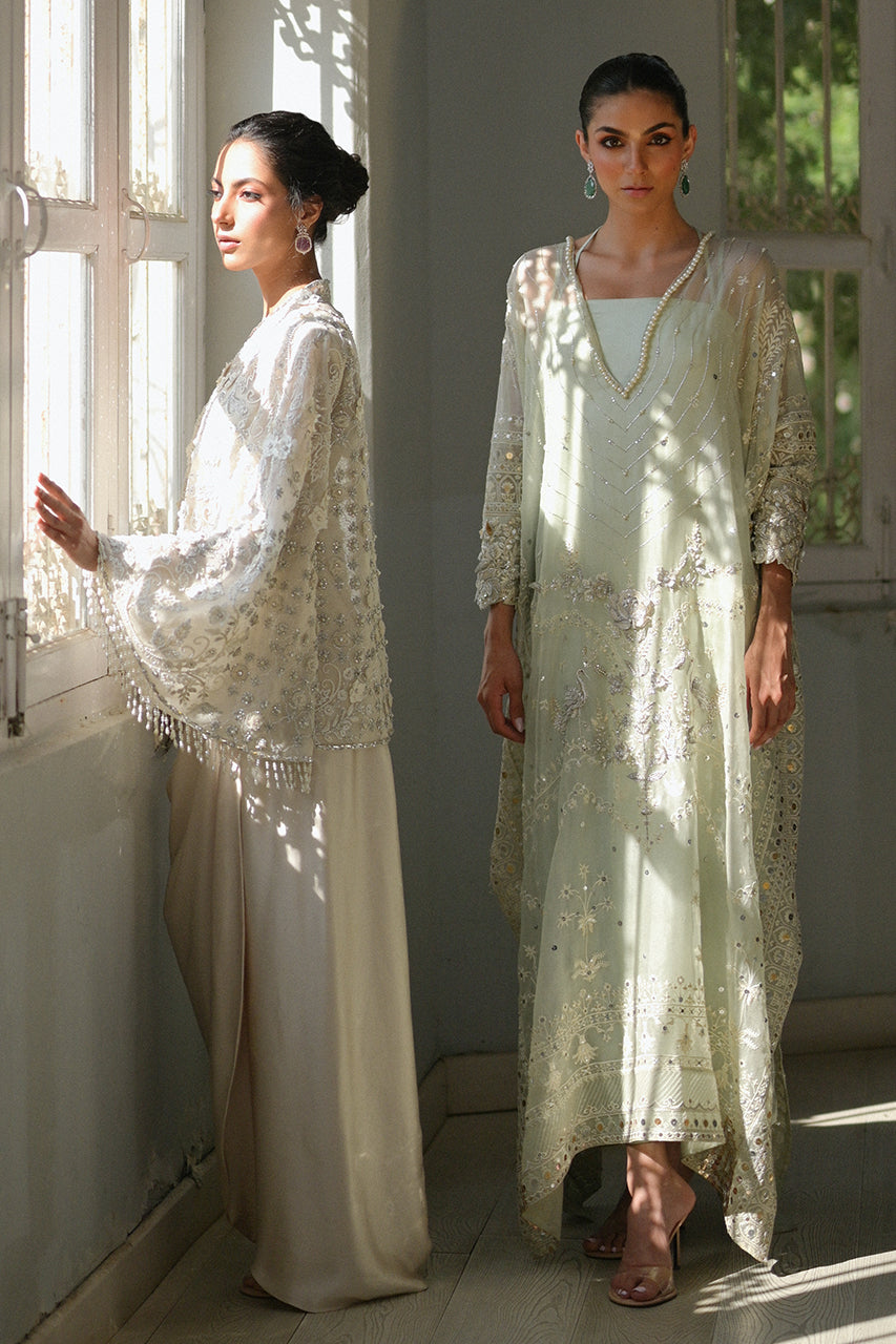 Pakistani Mint Green Embroidered Organza Kaftan (2-Piece) - Image 6