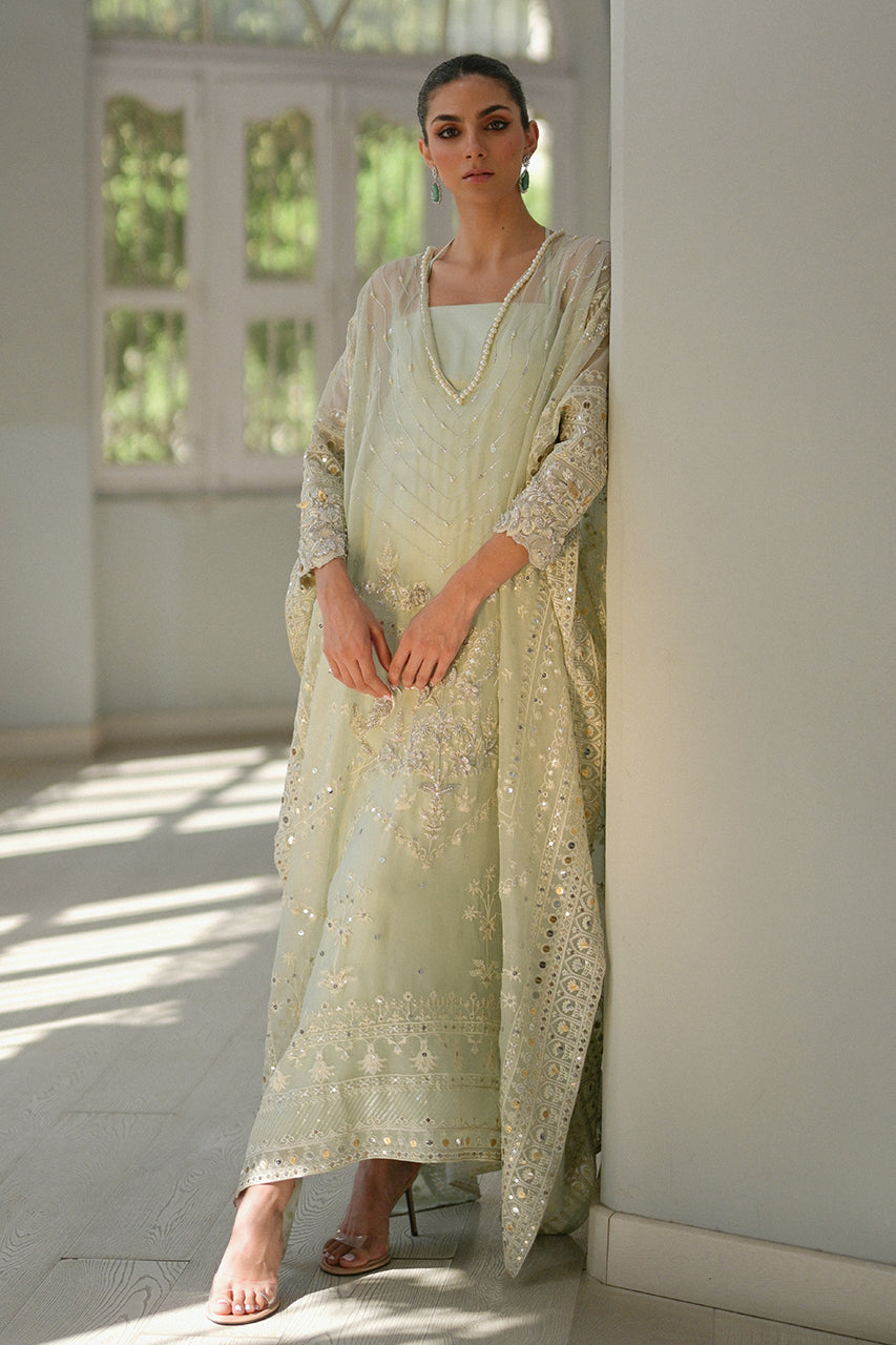 Pakistani Mint Green Embroidered Organza Kaftan (2-Piece) - Image 7