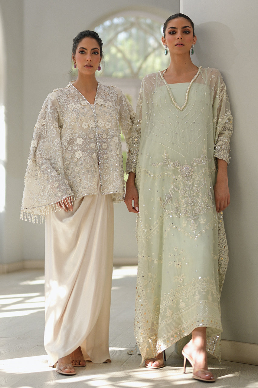 Pakistani Mint Green Embroidered Organza Kaftan Dress (2-Piece) - Image 5