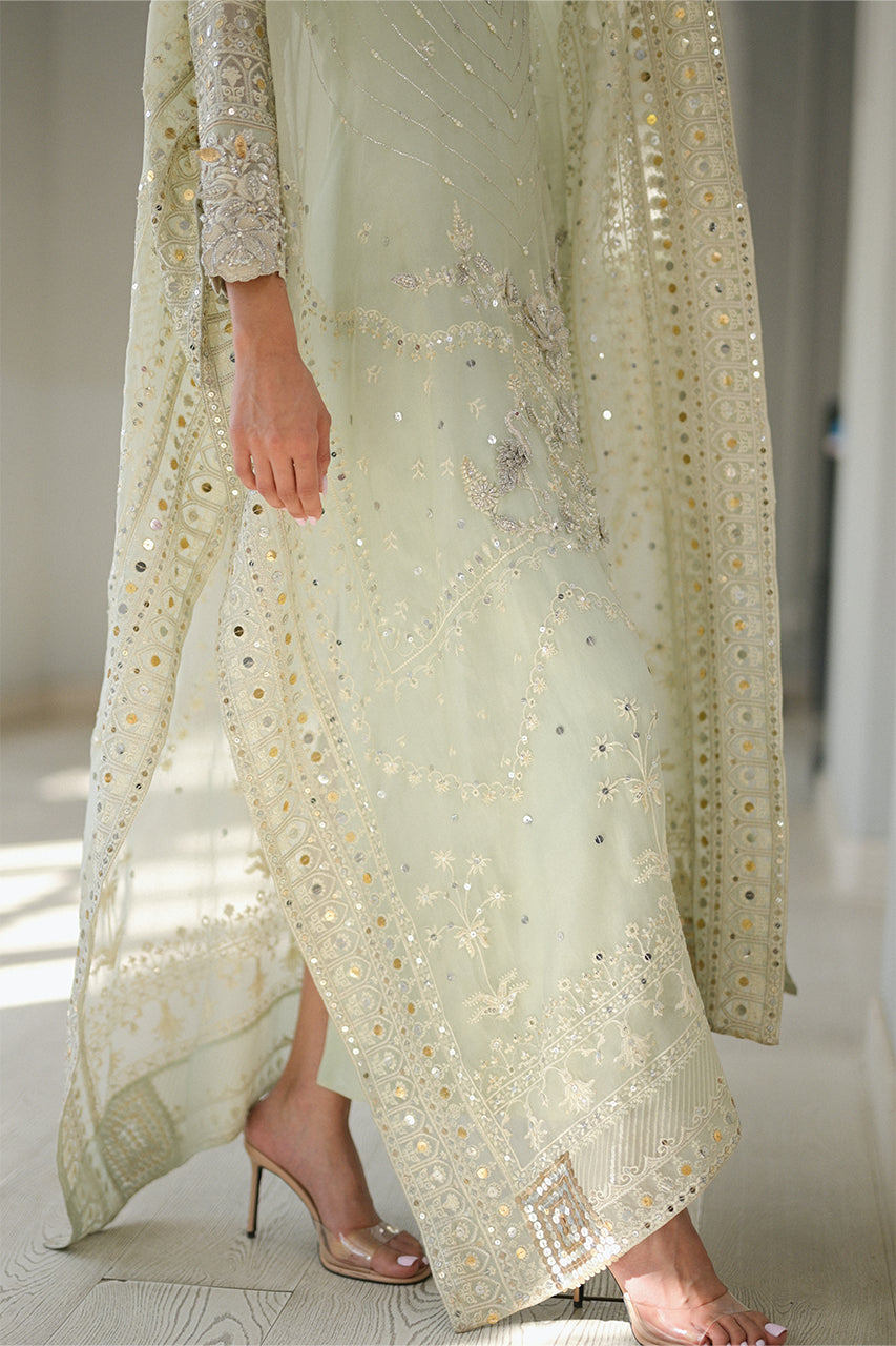 Pakistani Mint Green Embroidered Organza Kaftan Dress (2-Piece) - Image 8