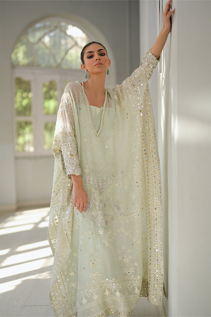 Pakistani Mint Green Embroidered Organza Kaftan Dress (2-Piece) - Image 9