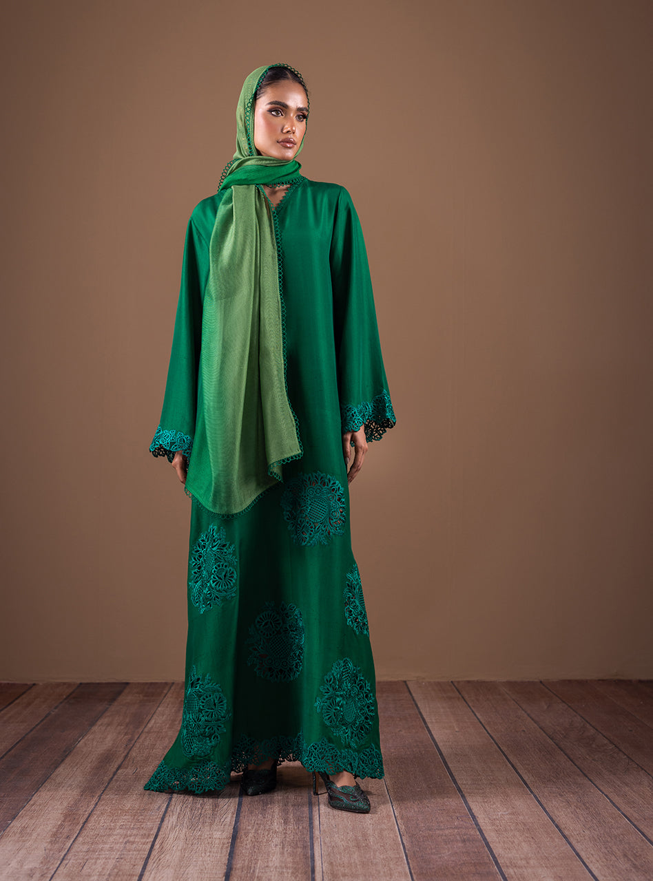 Emerald Green Cutwork Raw Silk Kaftan (2-Piece) - Image 1