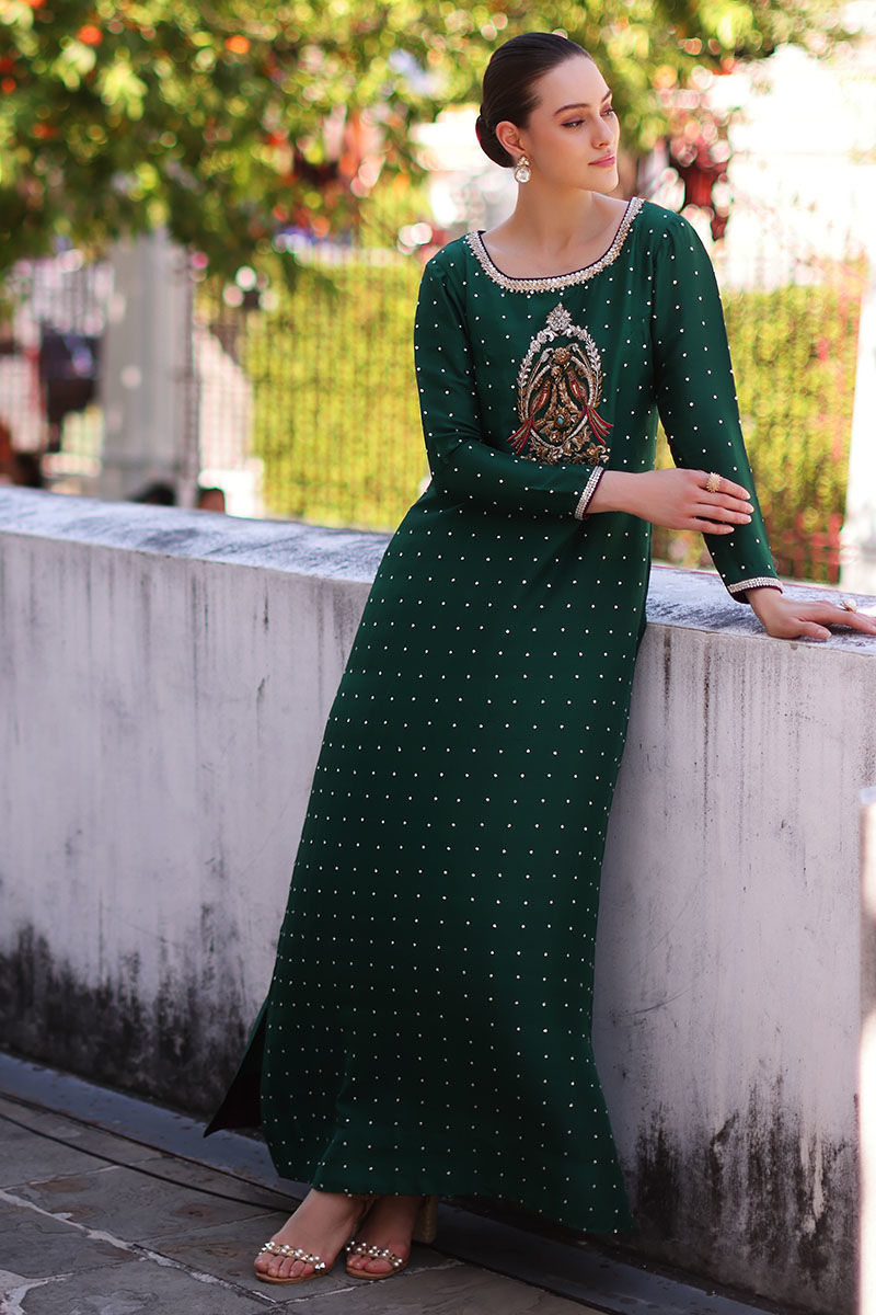 Bottle Green Embroidered Pure Raw Silk Kaftan (1-Pc) - Image 1