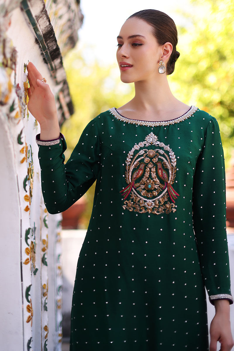 Bottle Green Embroidered Pure Raw Silk Kaftan (1-Pc) - Image 2