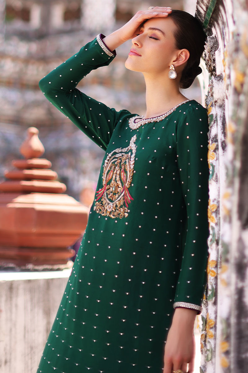 Bottle Green Embroidered Pure Raw Silk Kaftan (1-Pc) - Image 3