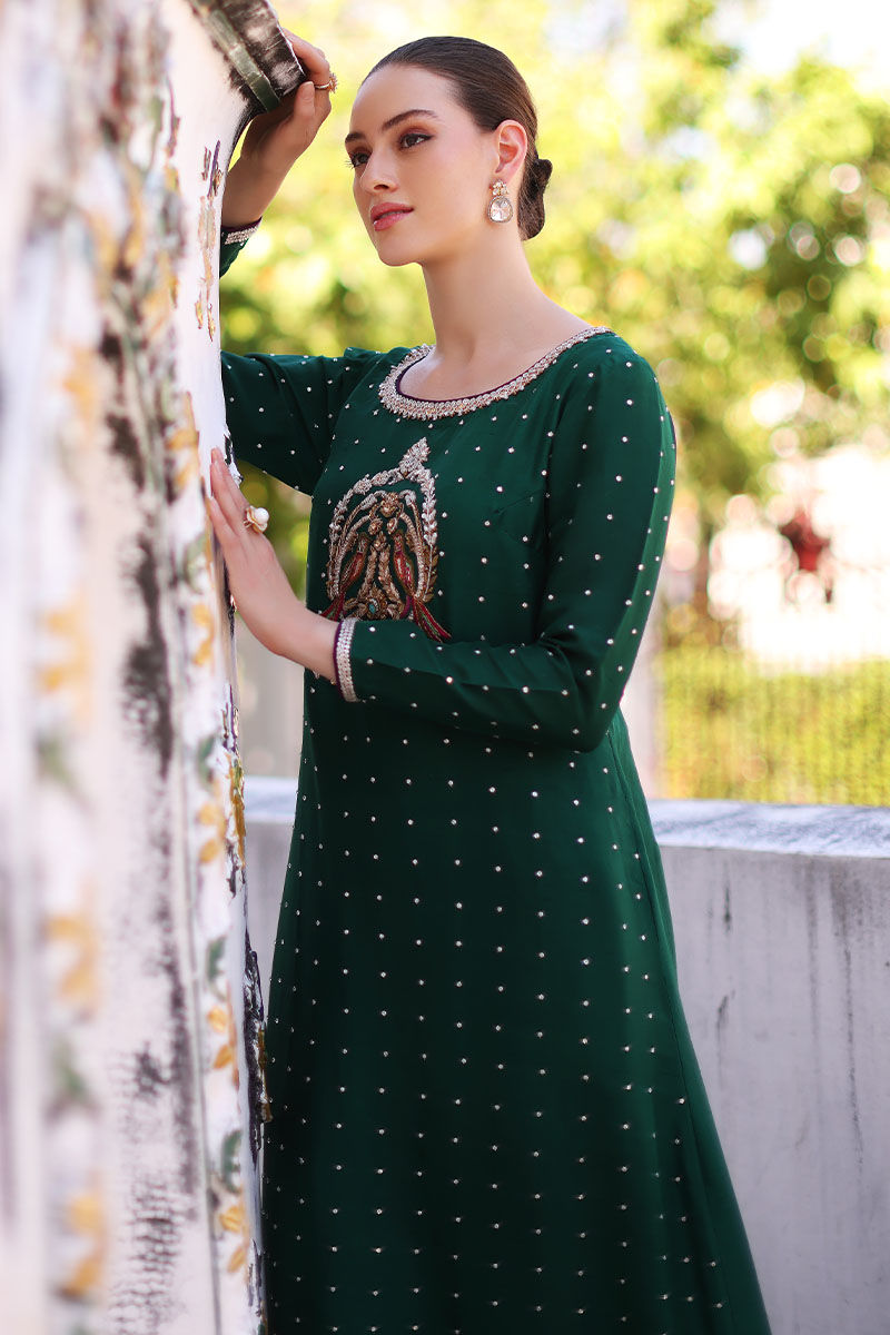 Bottle Green Embroidered Pure Raw Silk Kaftan (1-Pc) - Image 4