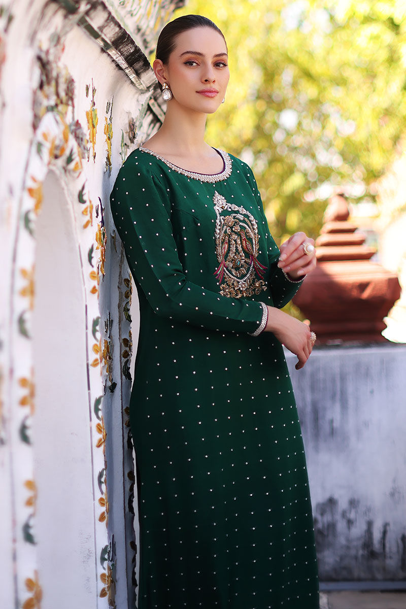 Bottle Green Embroidered Pure Raw Silk Kaftan (1-Pc) - Image 5