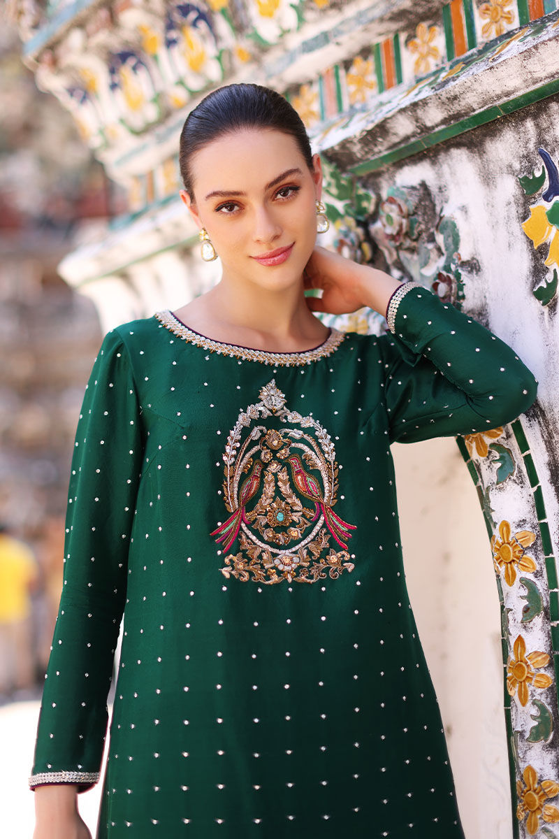 Bottle Green Embroidered Pure Raw Silk Kaftan (1-Pc) - Image 6