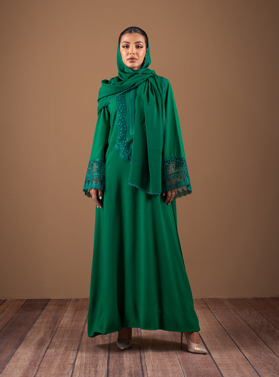 Pakistani Emerald Green Embroidered Raw Silk Kaftan (2-Piece) - Image 1