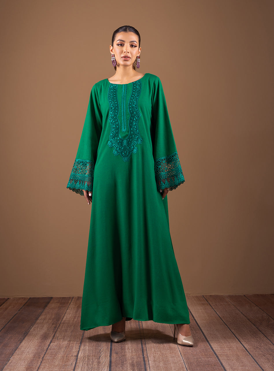 Pakistani Emerald Green Embroidered Raw Silk Kaftan (2-Piece) - Image 4