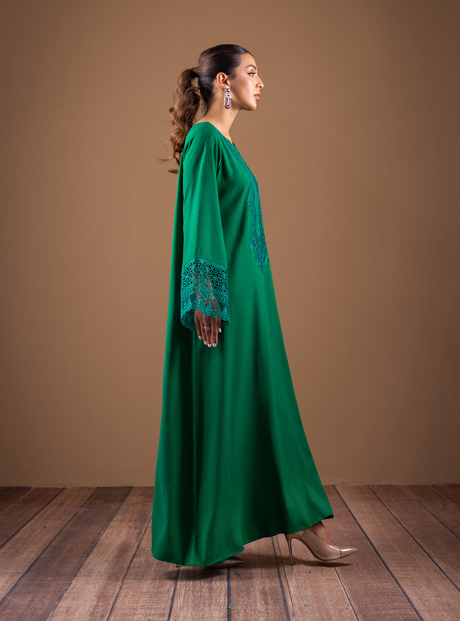 Pakistani Emerald Green Embroidered Raw Silk Kaftan (2-Piece) - Image 6