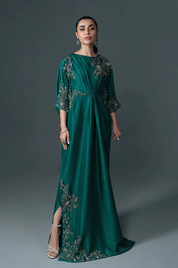 Emerald Green Hand-Embroidered Silk Kaftan (1-Pc) - Image 1