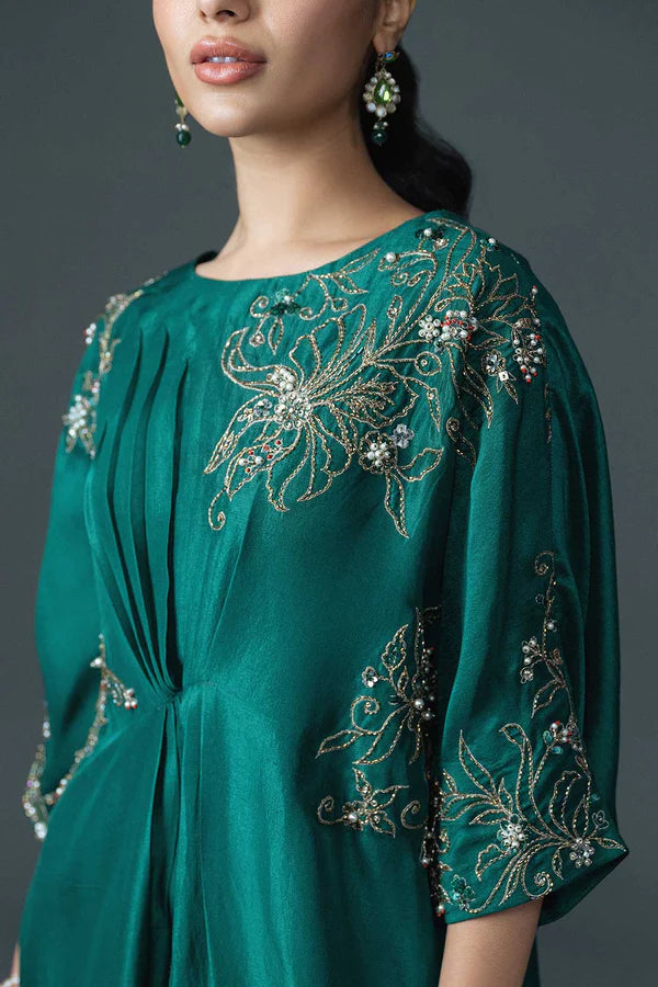 Emerald Green Hand-Embroidered Silk Kaftan (1-Pc) - Image 3