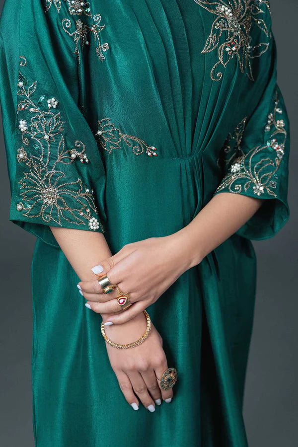Emerald Green Hand-Embroidered Silk Kaftan (1-Pc) - Image 4
