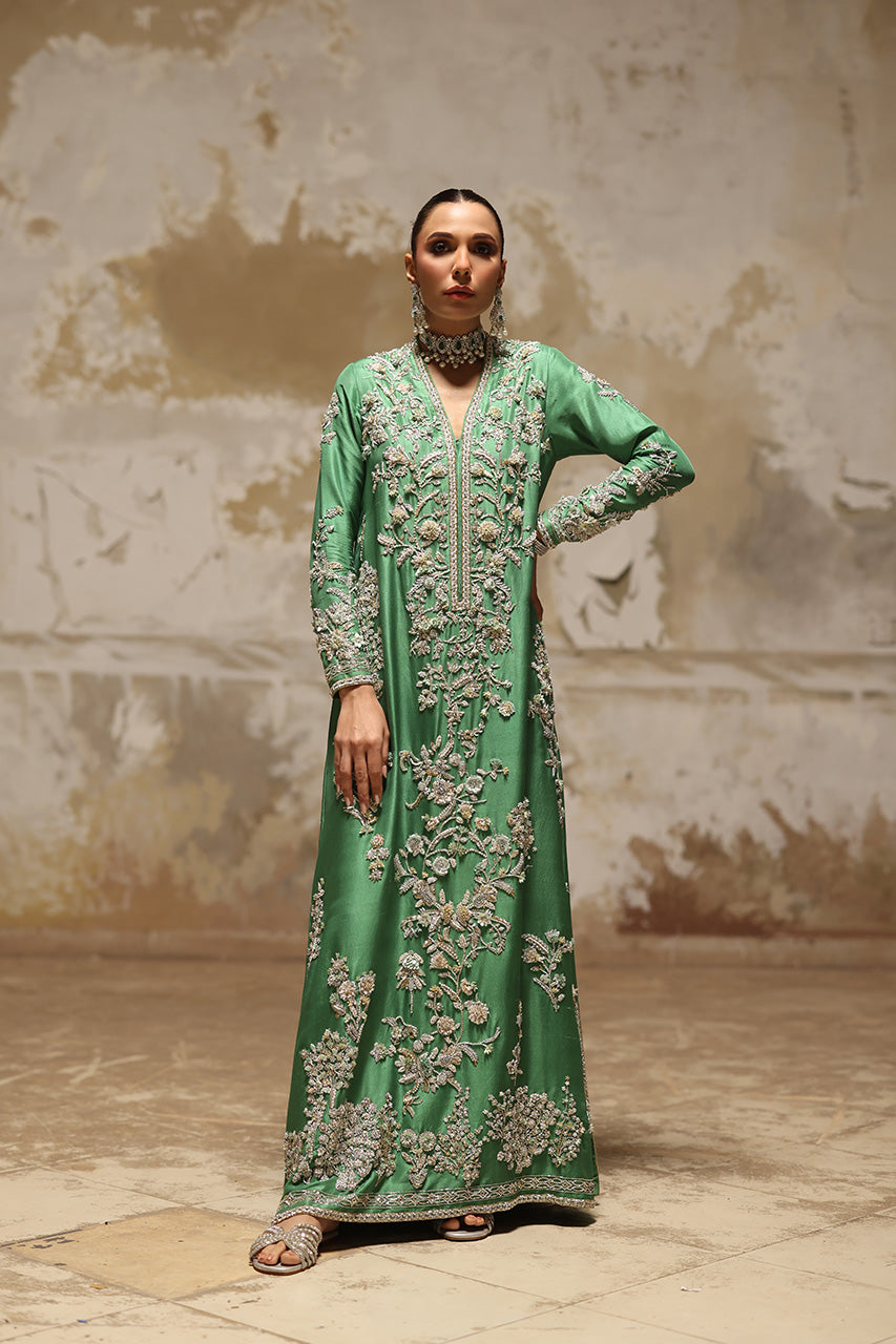 Pakistani Emerald Green Zardozi Raw Silk Kaftan (1-Pc) - Image 1